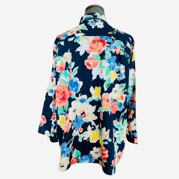 Women Shirt Lauren Ralph Lauren Floral Cotton Top Cropped Sleeve Button-Up Shirt - Picture 5 of 7